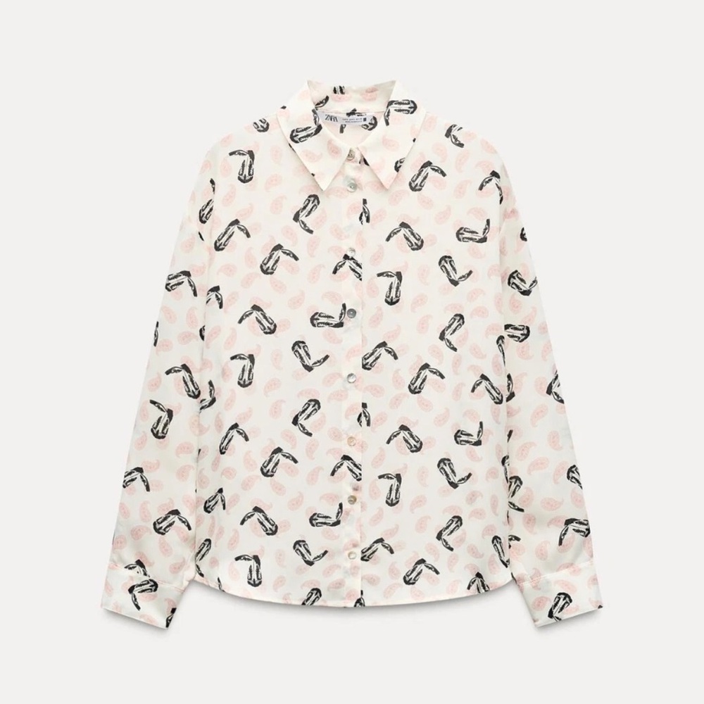 Zara oversized western boots printed button down shirt